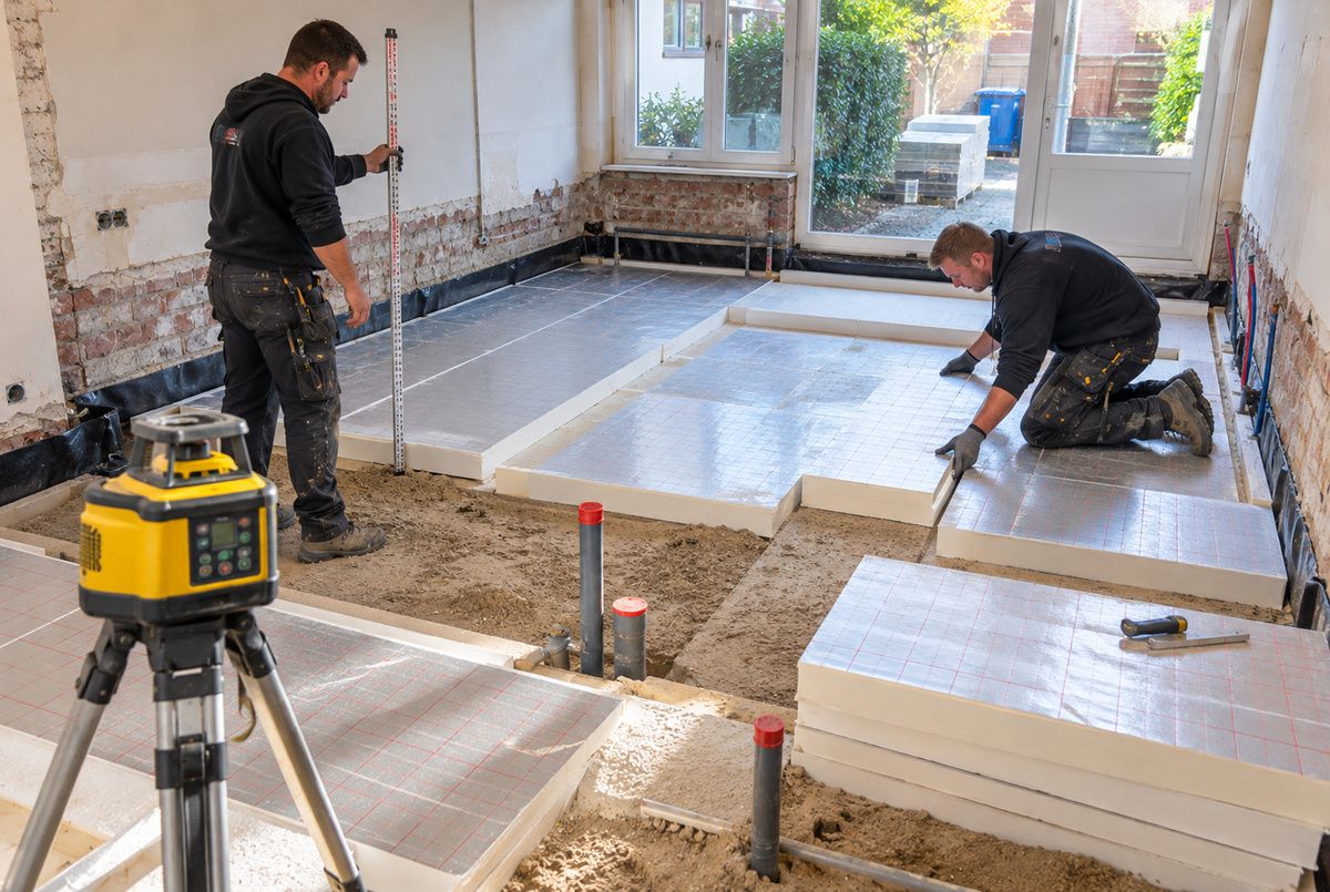 Bouwbedrijf plaatst PIR-vloerisolatie tijdens een woningrenovatie Twee bouwvakkers plaatsen PIR-isolatieplaten op de beganegrondvloer van een woning tijdens een renovatie