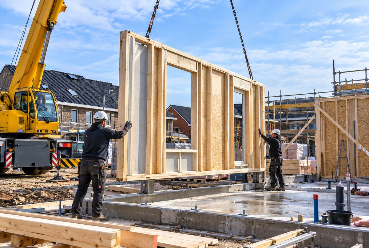 Bouwbedrijf plaatst prefab houten wandelement bij nieuwbouw Twee bouwvakkers plaatsen met een mobiele bouwkraan een prefab houten wandelement op de fundering van een nieuwbouwwoning