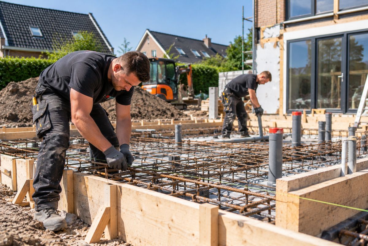 Twee aannemers brengen betonwapening aan in de bekisting van een fundering tijdens de uitbreiding van een Nederlandse woning