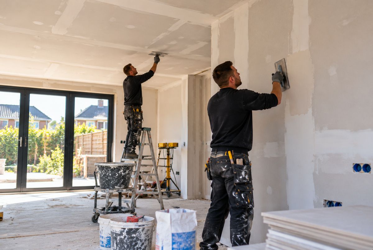 Aannemers werken wanden en plafond af bij woningrenovatie Twee aannemers werken de wanden en het plafond af met voegmiddel tijdens de renovatie van een Nederlandse woning