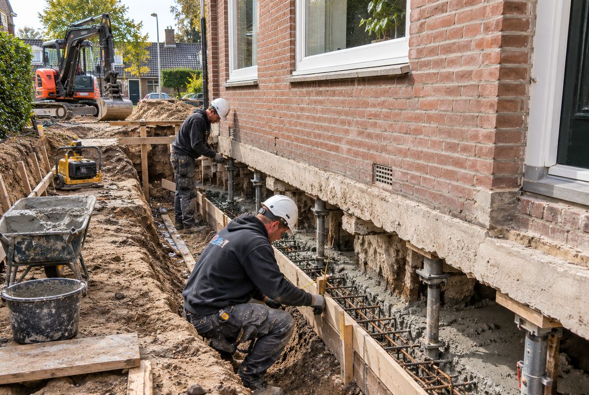 Bouwbedrijf voert funderingsherstel uit bij een bestaande woning Twee bouwvakkers van een bouwbedrijf versterken de fundering van een bestaande woning met gewapend beton en tijdelijke ondersteuningen