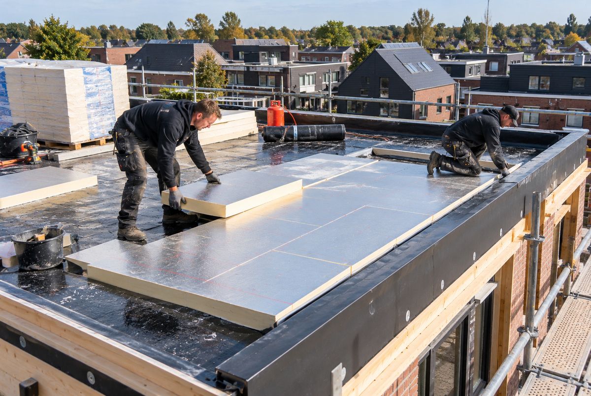 Twee bouwvakkers plaatsen PIR-isolatieplaten op het platte dak van een woning tijdens het aanbrengen van dakisolatie