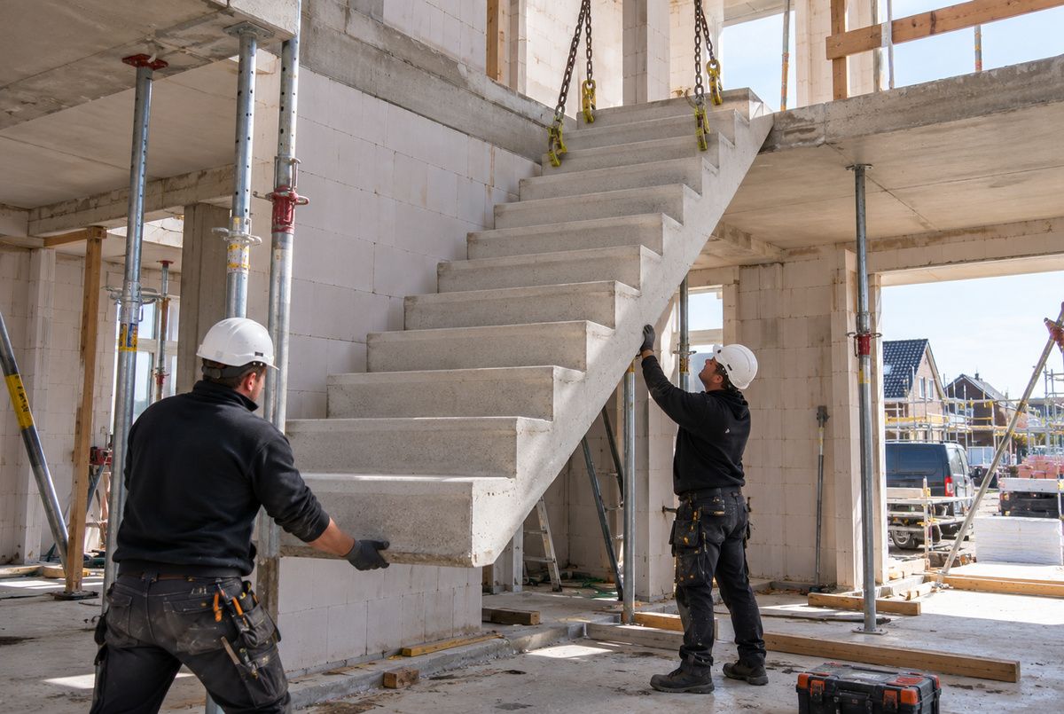 Twee bouwvakkers plaatsen met behulp van een bouwkraan een prefab betonnen trap tijdens de ruwbouw van een nieuwbouwwoning