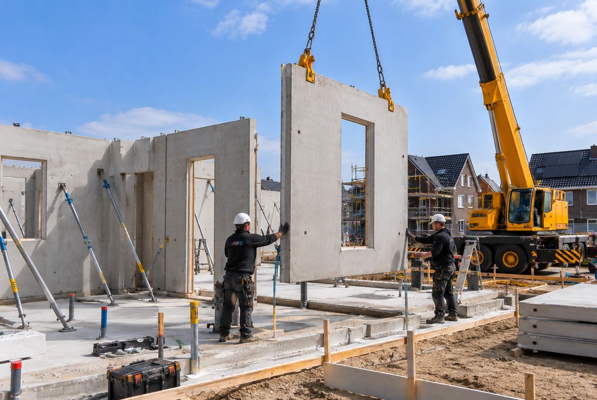 Twee bouwvakkers plaatsen met een mobiele bouwkraan een prefab betonnen wandelement tijdens de ruwbouw van een nieuwbouwwoning