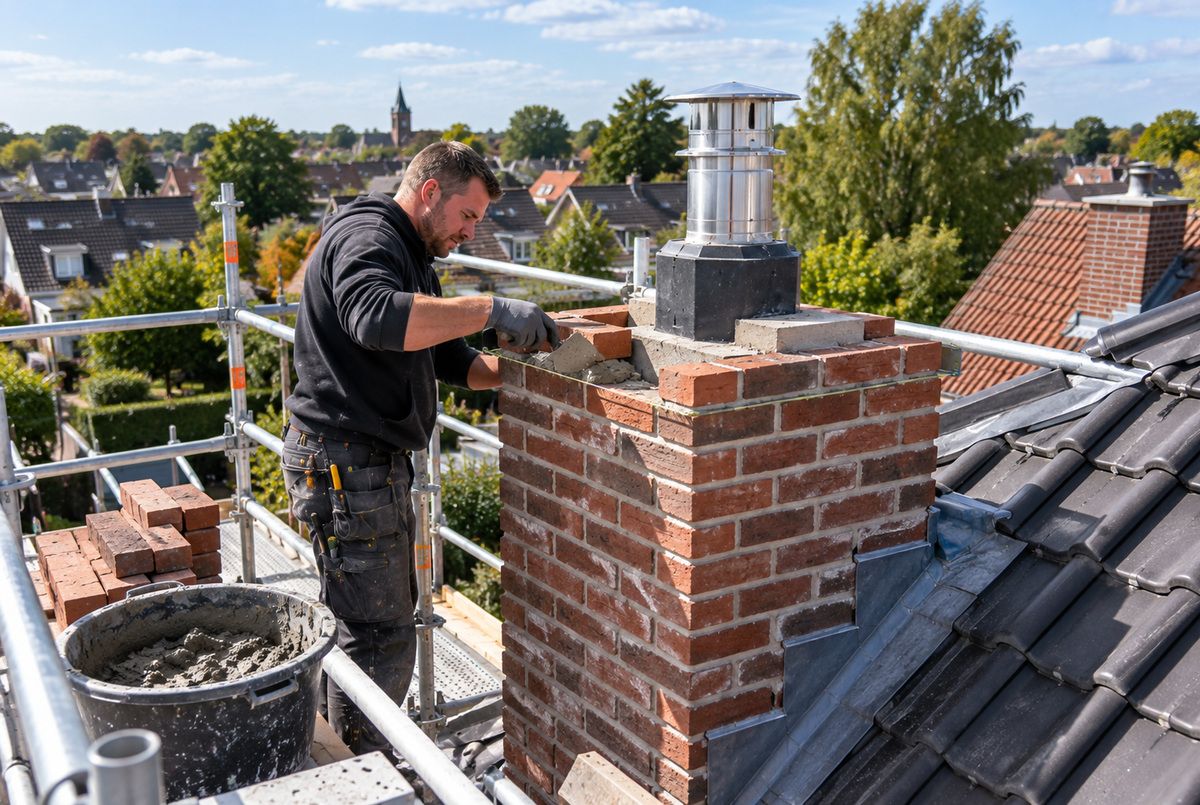 Bouwbedrijf renoveert een gemetselde schoorsteen op een woning Bouwvakker metselt een bakstenen schoorsteen op het schuine dak van een woning en werkt het metselwerk rondom de rookgasafvoer af