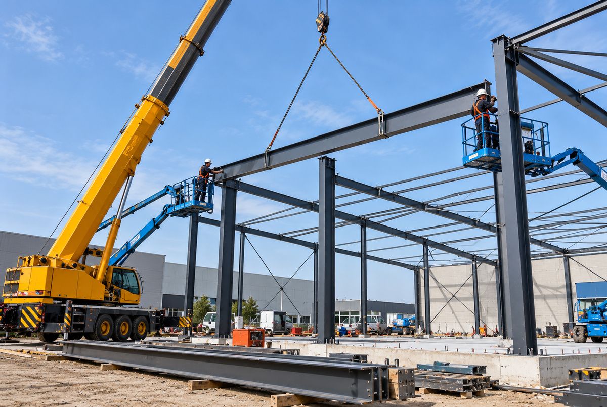Bouwbedrijf monteert staalconstructie voor een nieuwe bedrijfshal Twee bouwvakkers monteren met behulp van een mobiele bouwkraan en hoogwerkers een stalen ligger tijdens de bouw van een bedrijfshal